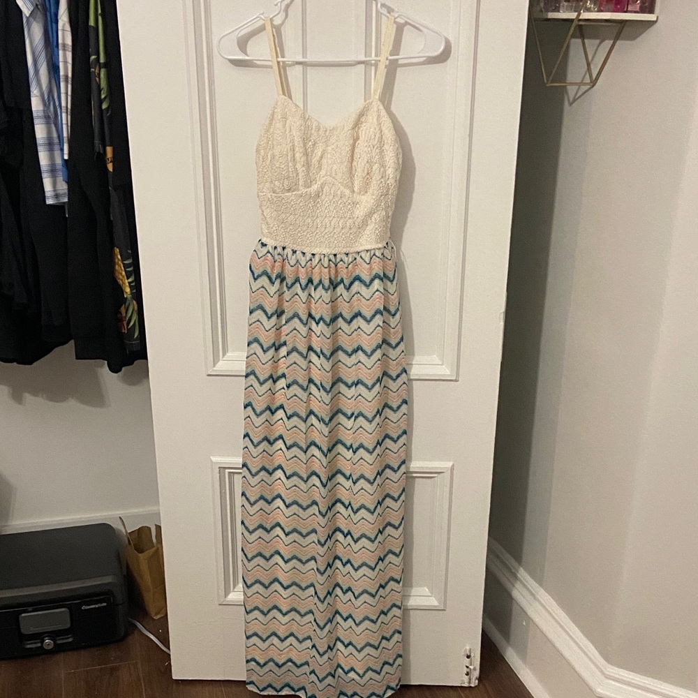 Cream and Multicolor Chevron Maxi Dress